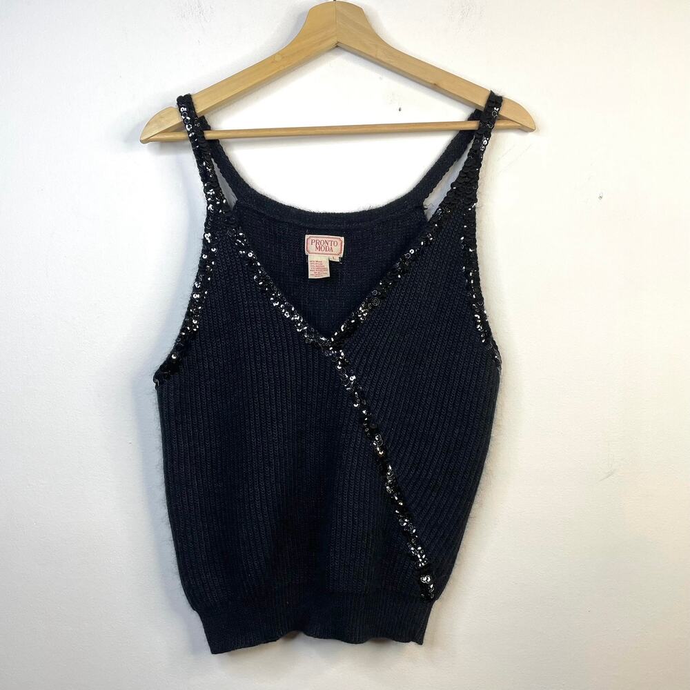 Vintage 90s Pronto Moda Fuzzy Angora Sequin Black Sweater Tank Top Holidays L